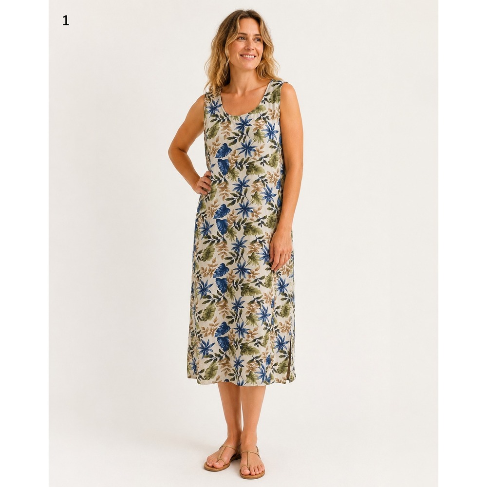 Vintage TY Wear Maxi Dress Womens Plus 24W Khaki Palm Leaf Print Linen Rayon‎